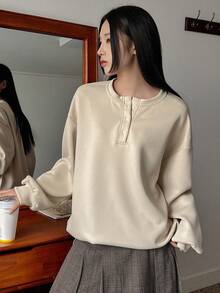 Dazy Star Women's Half Button Drop Shoulder Sweatshirt - Apricot - View 10