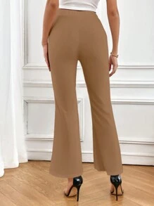 SHEIN Privé 邊緣縫合細節純色喇叭褲 - 卡其色 - 查看 2