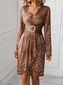 SHEIN Clasi Leopard Print Wrapped Collar Dress - Brown - View 7