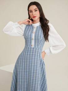 Modelyn 女式立领格子灯笼袖连衣裙超长款女装长款晚礼服女式秋季服装 - 藍色 - 查看 3