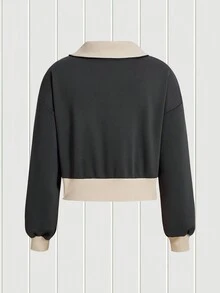 SHEIN EZwear Sudadera con parche de letra de hombros caídos con cremallera - Gris - Ver 2