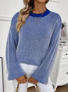 SHEIN Essnce Của phụ nữ Sọc Thả vai Tay áo dài Áo len Áo chui đầu - Màu xanh lam - Xem 5