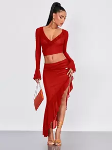 SHEIN BAE 不對稱下擺裙子,帶有荷葉邊裝飾 - 紅色 - 查看 5