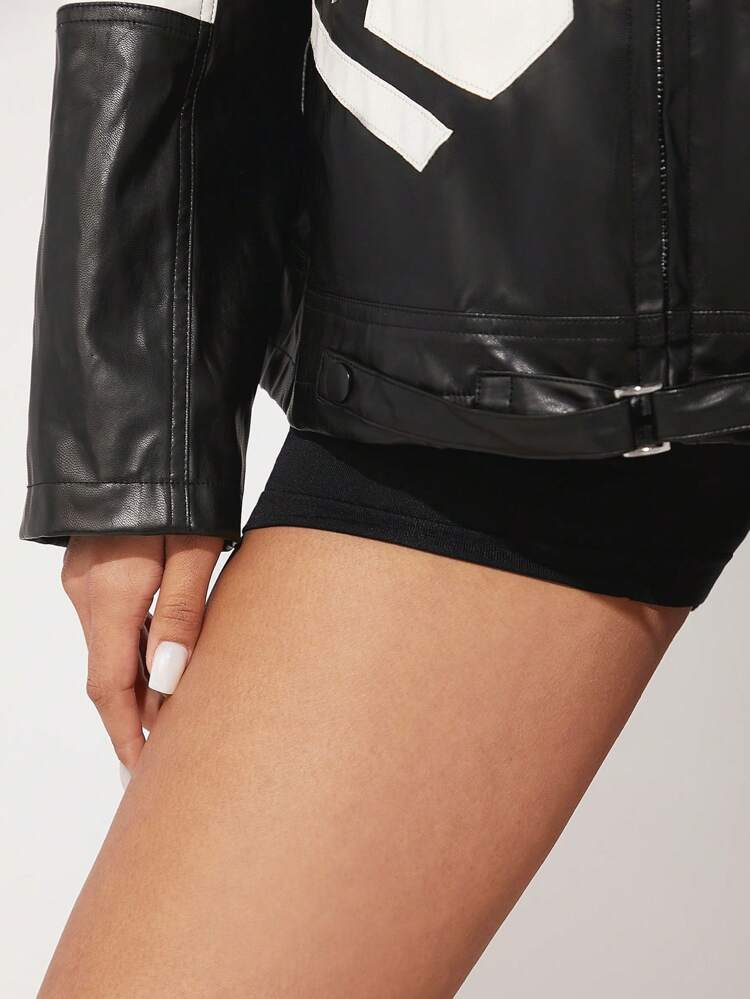 Letter Patch Colorblock PU Leather Long Sleeves Jacket
