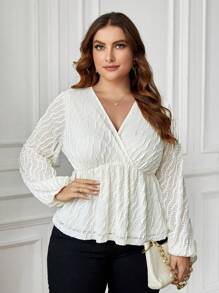 SHEIN Clasi Plus Size Wrap Neckline Textured Top With Lantern Sleeve - Beige - View 1