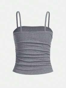 SHEIN Teen Girls' Knit Ribbed Folded Casual Cami Tank Top - Grey - View 2