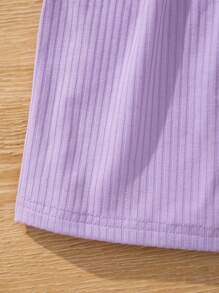 Cô gái Tween Dệt kim Màu thuần Cổ vuông Ống tay áo Áo Và Bộ quần short - Màu tím hoa cà - Xem 3