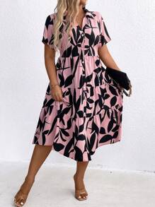 SHEIN LUNE 女士大尺碼全印花多層次下擺連身裙 - 粉色 - 查看 4