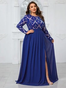 YISIKADO Women's Plus Size Sparkly Long Sleeve Round Neck Evening Party Dress - Royal Blue - View 5