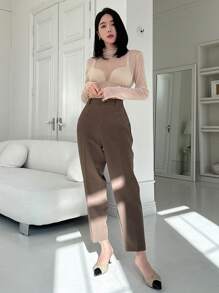 DAZY 女士纯色商务休闲裤，女士正装裤 - 棕色 - 查看 6