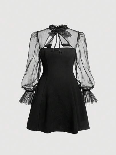 SHEIN MOD Plus Size Mesh Splice Cut Out Ruffle Sleeve Dress