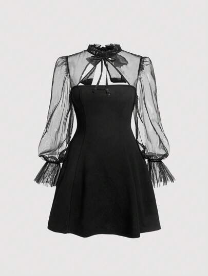 SHEIN MOD 大尺寸網布拼接剪裁荷葉邊袖洋裝