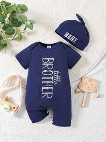 SHEIN Baby Boy's Simple Letter Pattern Short Sleeve Romper - Royal Blue - View 1