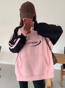 Dazy Star Sudadera De Manga Raglán Con Estampado De Letras Y Bloques De Color Para Mujer - Rosa - Ver 1