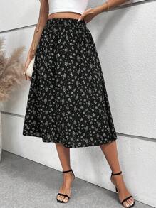 SHEIN Frenchy 碎花印花高腰半身裙 - 黑色 - 查看 3