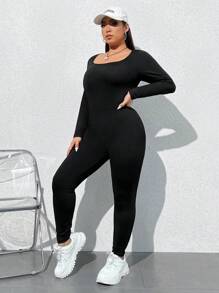 SHEIN EZwear 大尺寸女性純色修身連身褲 - 黑色 - 查看 4