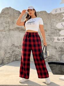SHEIN EZwear Women'S Plus Size Wide-Leg Plaid Pants With Drawstring Waist - Multicolor - View 5