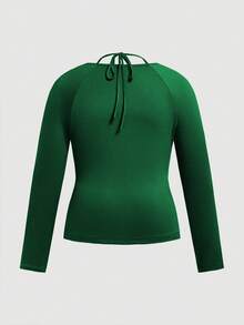 SHEIN ICON 大尺寸純色綁領長袖修身t恤 - 綠色 - 查看 2