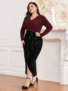 Modelyn Plus Size Contrast Color Pleated V-Neck Long Sleeve Dress Long Evening Dresses - Multicolor - View 5
