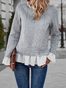 SHEIN Essnce 女士拼接喇叭袖圓領運動衫 - 灰色 - 查看 4