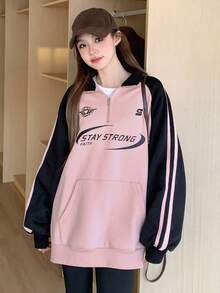 Dazy Star Sudadera De Manga Raglán Con Estampado De Letras Y Bloques De Color Para Mujer - Rosa - Ver 4