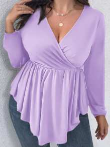 SHEIN Clasi Plus Size Solid Color Ruffled Wrap Tee - Dusty Purple - View 1