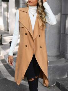 SHEIN Frenchy 翻領束腰背心外套,雙排扣套頭 - 卡其色 - 查看 4