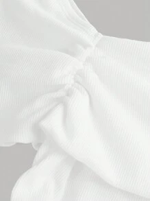 SHEIN Girlism 少女针织罗纹不对称领褶饰休闲 T 恤 - 白色 - 查看 4