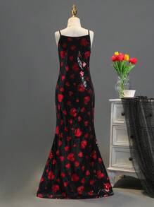 SHEIN Girls' Sequin Heart Decor Spaghetti Strap Formal Gown Dress With Slit - Black - View 2