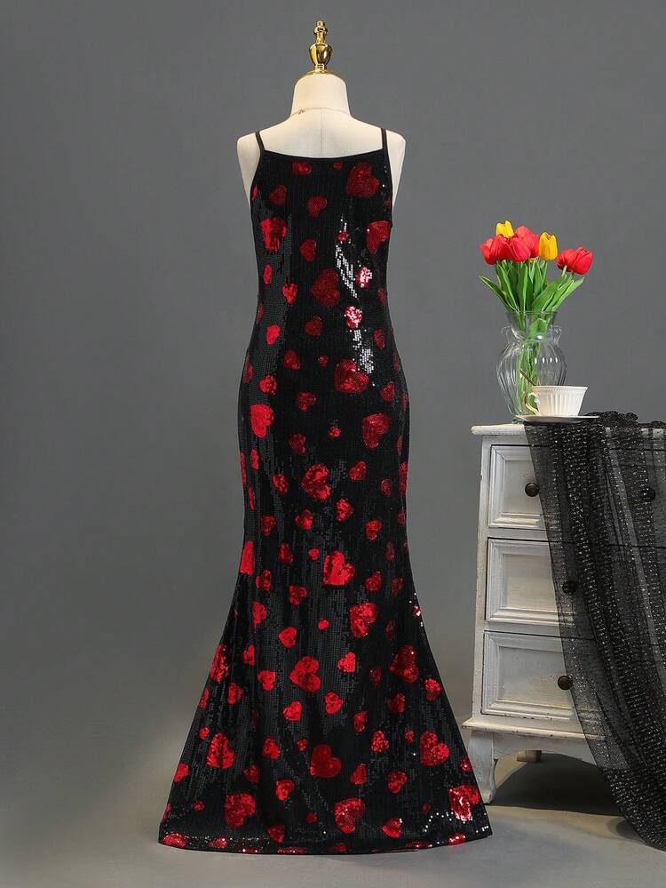 Girls' Sequin Heart Decor Spaghetti Strap Formal Gown Dress With Slit