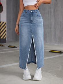 SHEIN ICON Denim High Slit Skirt With Frayed Hem - Medium Wash - View 3