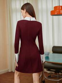 BizChic Của phụ nữ Tương phản Khe Cổ tay áo Nút phía trước Đầm - Màu Đỏ Sâu - Xem 2