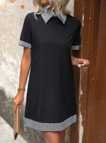 SHEIN LUNE 千鳥格拼布連身裙 - 黑色 - 查看 4