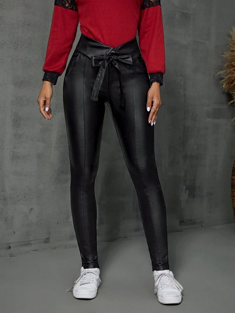 Women's Fashionable Solid Color Belted Slim Fit Pants