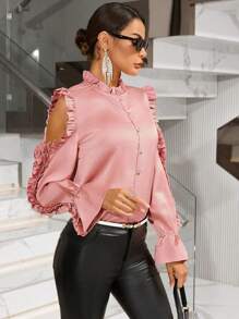GENKIRA Của phụ nữ Off-shoulder Tay áo dài Áo sơ mi Với Xếp nếp Hem - Hồng - Xem 4