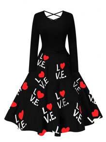 SHEIN LUNE Plus Size Alphabet And Heart Print Long Sleeve Dress - Multicolor - View 1