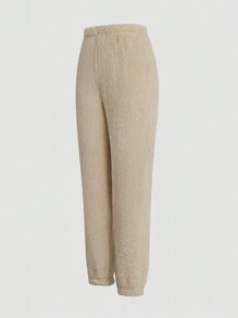 SHEIN LUNE Women'S Solid Color Rib-Knit Sweater And Furry Pants Set Fall Cloth For Women - Apricot - View 5