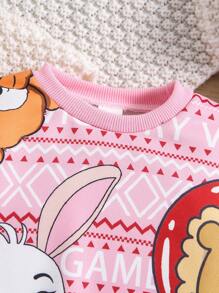 嬰兒女童卡通印花圓領長袖運動衫 - 粉色 - 查看 3
