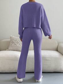 SHEIN LUNE Drop Shoulder Button Up Cardigan And Drawstring Waist Knit Pants Two-Piece Set - Purple - View 2