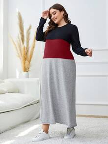 Mulvari Plus Size Color Block Round Neck Long Sleeve Casual Dress - Multicolor - View 7