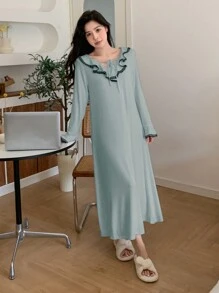 DAZY Women's Ruffled Long Sleeve Nightgown Pajama Fall,Winter - Green - View 4