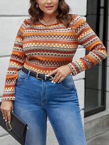 SHEIN LUNE 大尺寸條紋圓領長袖t卹 - 橘色 - 查看 3