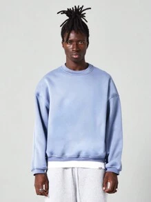 SUMWON Áo nỉ oversize Áo chui đầu thể thao cổ tròn vải nỉ French Terry Quần áo thể thao thường ngày Quần áo mặc ở nhà mùa thu đông Quần áo dạo phố thiết yếu - Màu xanh bụi bặm - Xem 1