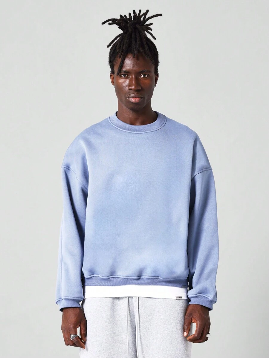 SUMWON Áo nỉ oversize Áo chui đầu thể thao cổ tròn vải nỉ French Terry Quần áo thể thao thường ngày Quần áo mặc ở nhà mùa thu đông Quần áo dạo phố thiết yếu - Màu xanh bụi bặm - Xem 1