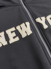 SHEIN EZwear Sudadera con parche de letra de hombros caídos con cremallera - Gris - Ver 4