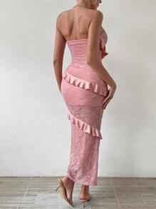 Zolique Vestido Sin Tirantes De Encaje Con Ribete De Volantes - Rosa - Ver 2