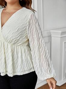 SHEIN Clasi Plus Size Wrap Neckline Textured Top With Lantern Sleeve - Beige - View 3