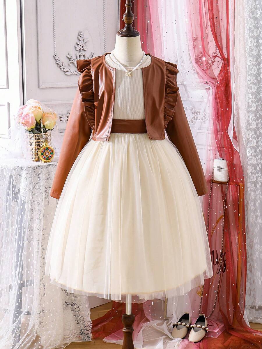 SHEIN Cô gái Tween Tay áo dài chất liệu da PU Áo khoác Với Lưới Đầm Hai chiếc Bộ , Mùa Đông - Nhiều màu - Xem 1