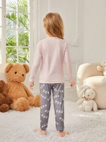 SHEIN Young Girls' Cartoon Printed Long Sleeve Snug Fit Homewear Set - Pink - View 2