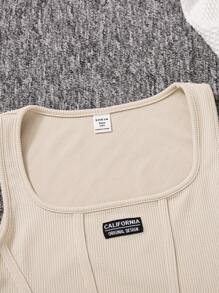 SHEIN Leap Crew Knit Solid Color Letter Patched Tank Top With Tapered Pants Two-Piece Set For Teen Girls - Khaki - View 3